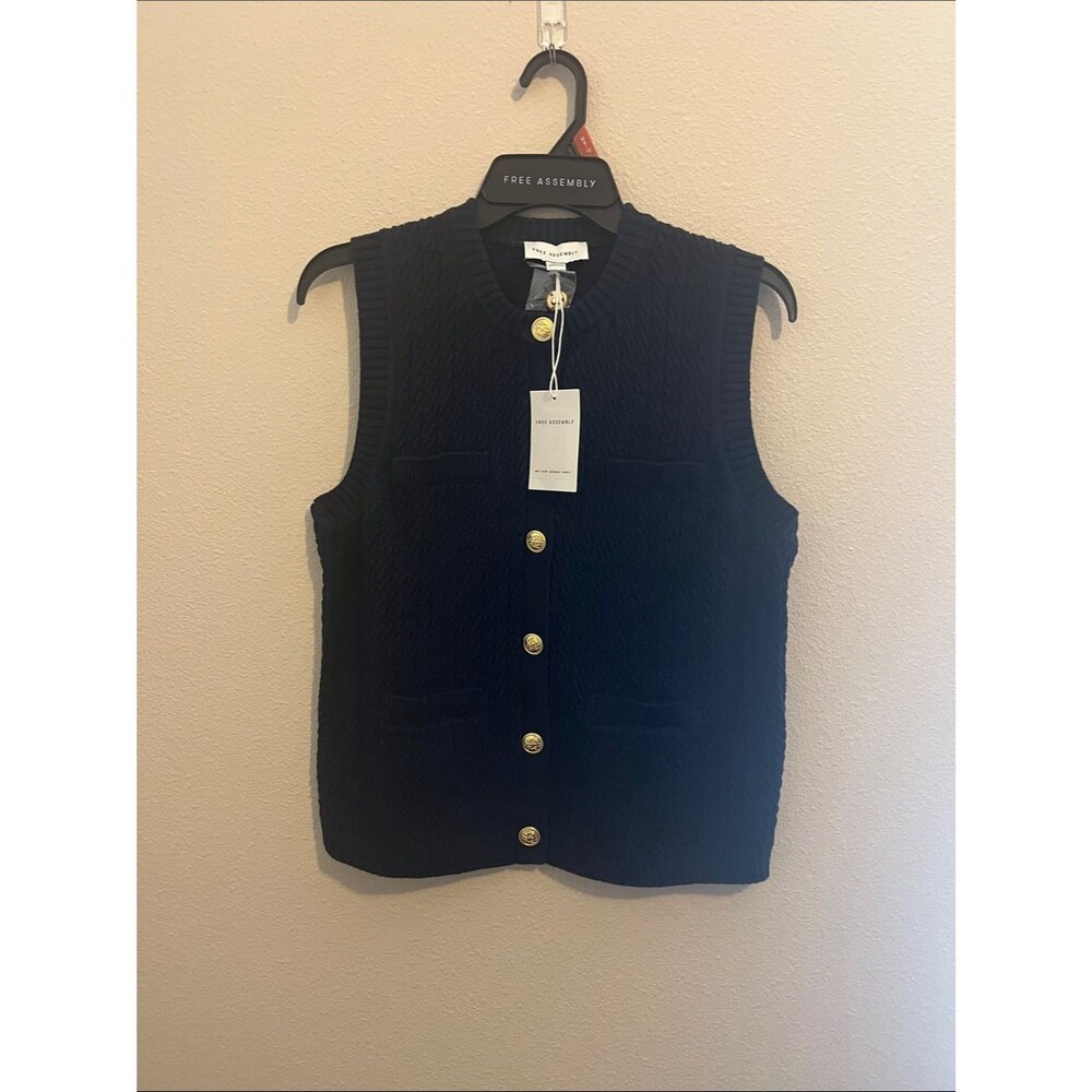 Free Assembly Navy Cable Knit Button Vest with Gold Buttons - Picture 9 of 9